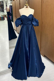 Elegant Sweetheart Off-The-Shoulder Floor-Length A-Line Satin Prom Dresses