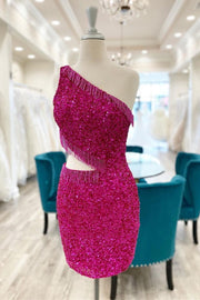 Fuchsia Sequined One-Shoulder Short Homecoming Dresses