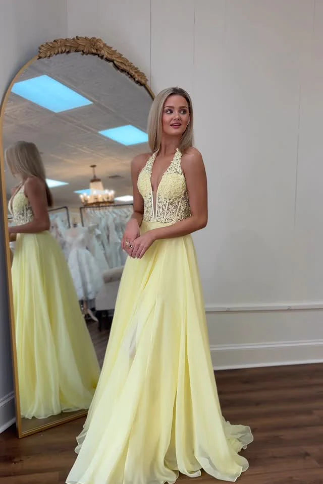 Daffodil Flattering A-Line Tulle Halter Prom Party Dresses with Slit