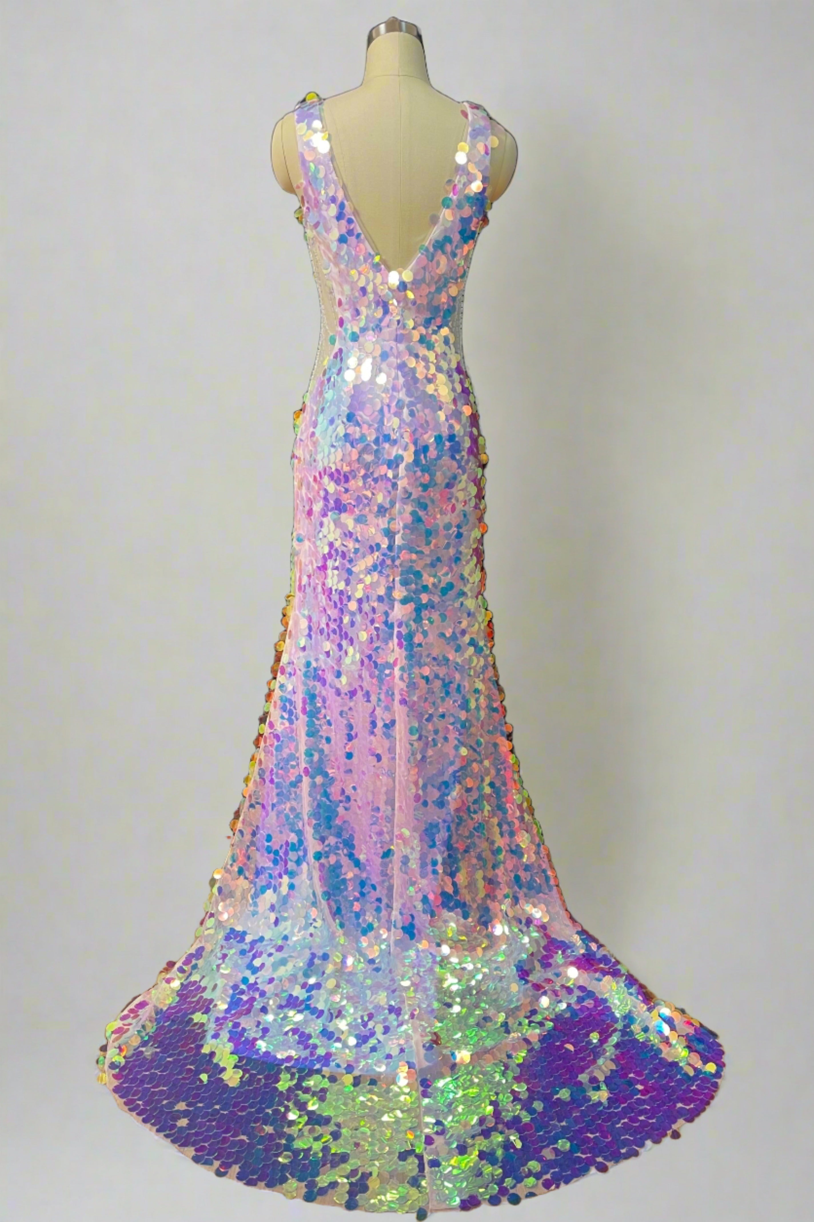 Iridescent V-Neck Sleeveless Sequined Mermaid Long Prom Dresses