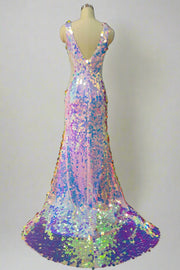 Iridescent V-Neck Sleeveless Sequined Mermaid Long Prom Dresses