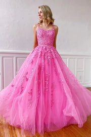 Fuchsia Criss Cross Straps A-Line Tulle Formal Party Dresses with Appliques