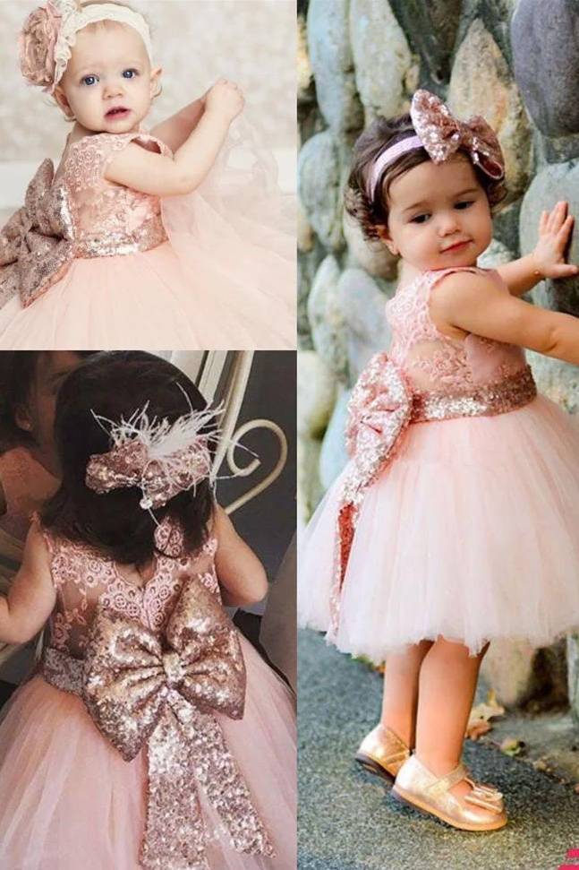 Pink Knee-Length Sleeveless A-Line Tulle Lace Flower Girl Dresses with Bow