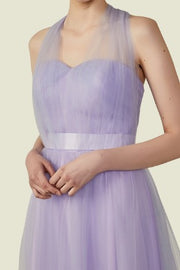 Lavender One-Shoulder Sweetheart A-Line Tulle Bridesmaid Dresses with Sash