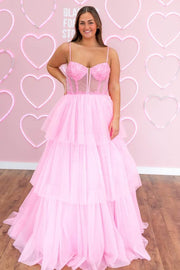 Blushing Pink Tiered Spaghetti Straps Tulle A-Line Long Prom Dresses