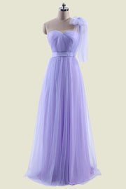 Lavender One-Shoulder Sweetheart A-Line Tulle Bridesmaid Dresses with Sash