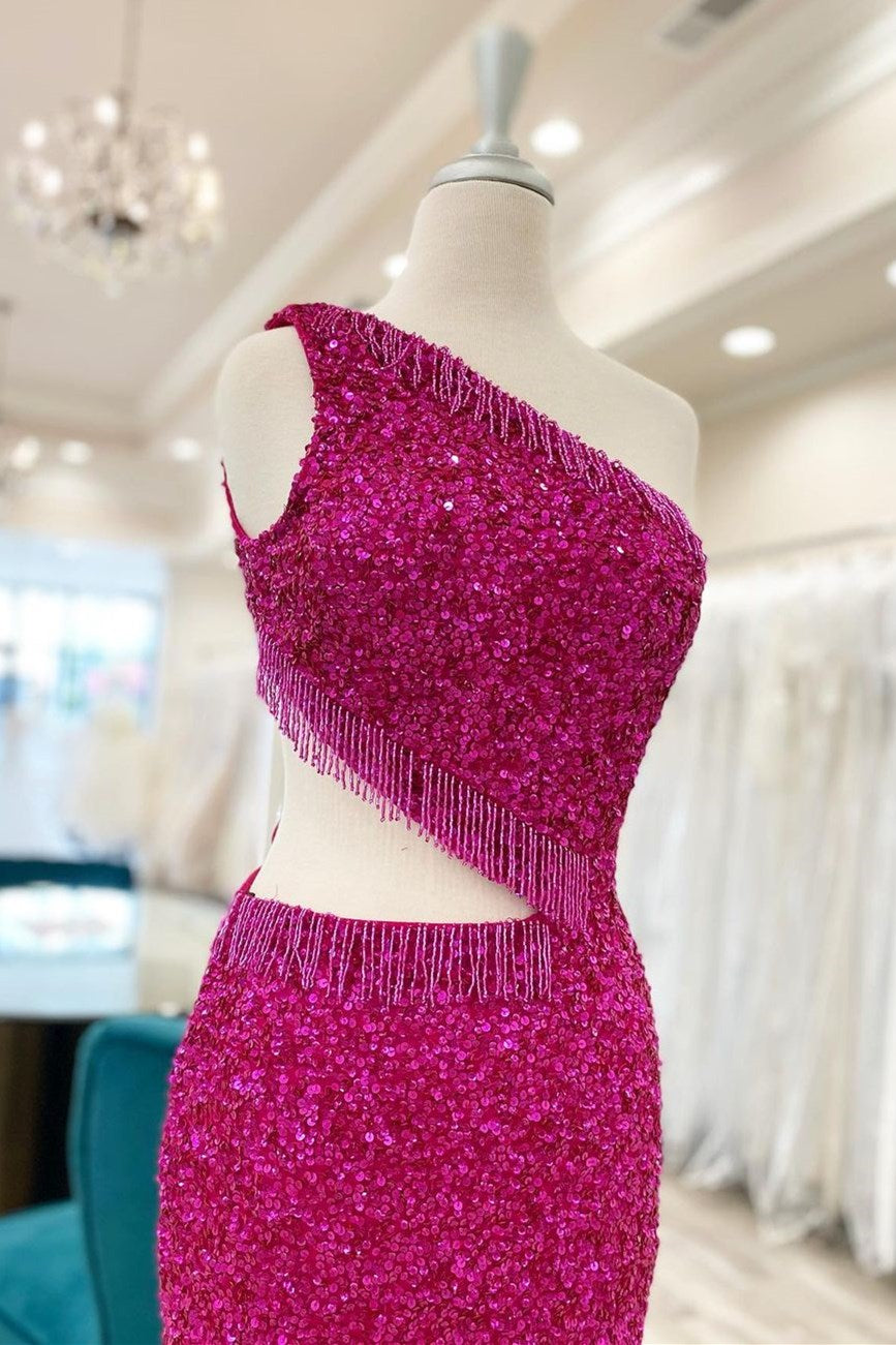 Fuchsia Sequined One-Shoulder Short Homecoming Dresses