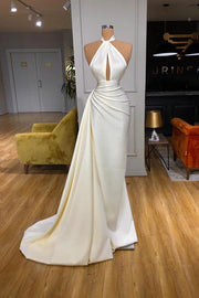 Ivory Mermaid Sleeveless Long Satin Prom Dresses