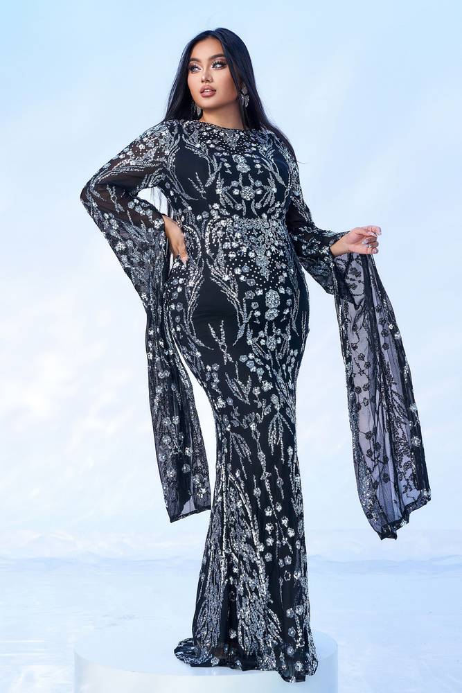 Plus Size Crew Neck Mermaid Sequin Evening Dresses with Long Sleeves