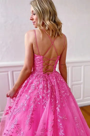 Fuchsia Criss Cross Straps A-Line Tulle Formal Party Dresses with Appliques