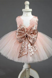 Pink Knee-Length Sleeveless A-Line Tulle Lace Flower Girl Dresses with Bow