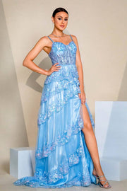 A-Line Tiered Sweetheart Sequin Tulle Evening Dresses with Slit