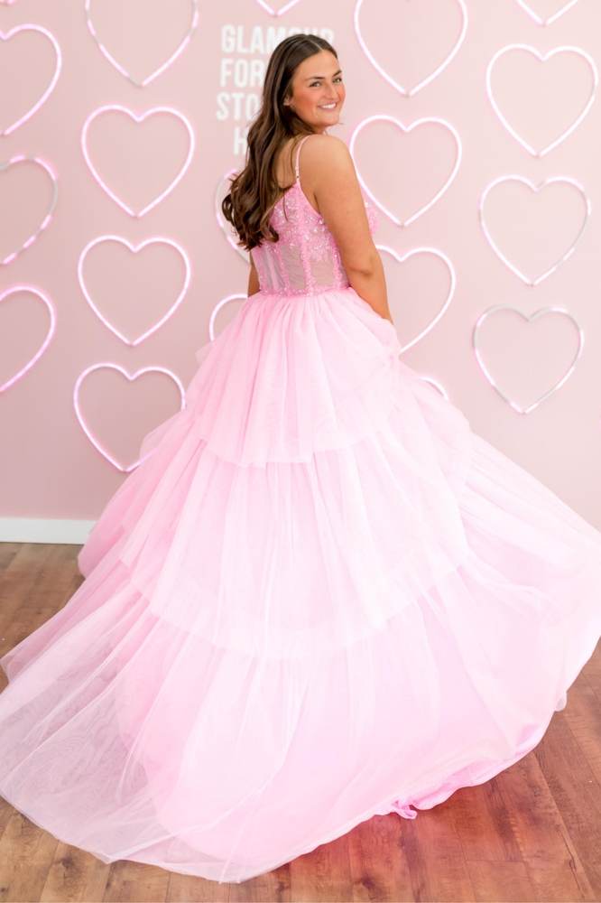 Blushing Pink Tiered Spaghetti Straps Tulle A-Line Long Prom Dresses