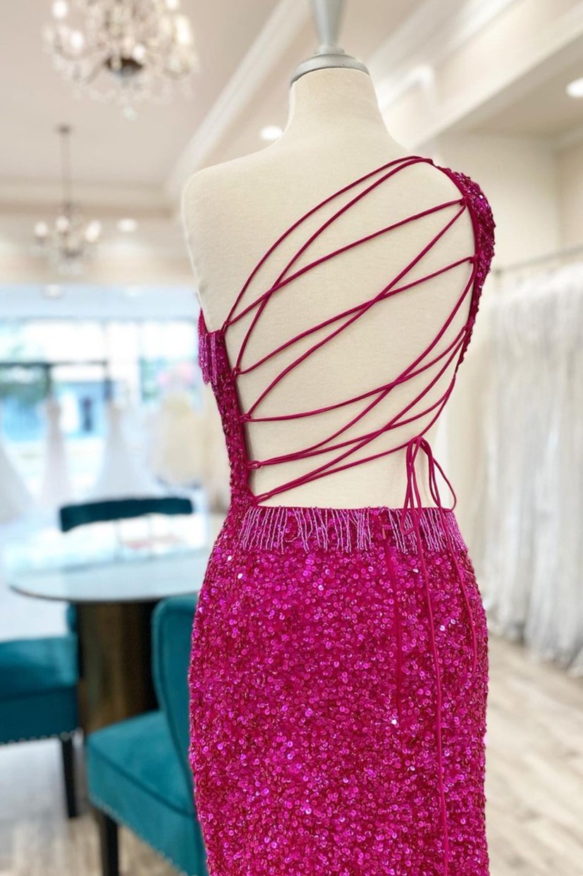 Fuchsia Sequined One-Shoulder Short Homecoming Dresses