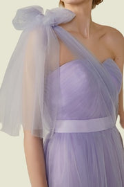 Lavender One-Shoulder Sweetheart A-Line Tulle Bridesmaid Dresses with Sash