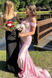 Blushing Pink Off-The-Shoulder Mermaid Satin Prom Dresses with Zipper