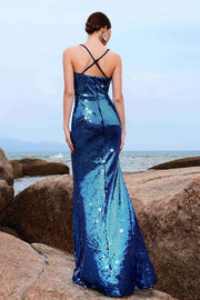 Blue V-Neck Spaghetti Straps Mermaid Sequin Prom Dresses with Slit