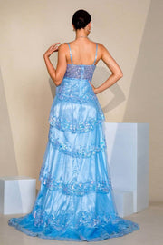 A-Line Tiered Sweetheart Sequin Tulle Evening Dresses with Slit