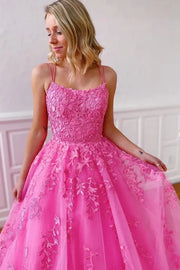 Fuchsia Criss Cross Straps A-Line Tulle Formal Party Dresses with Appliques