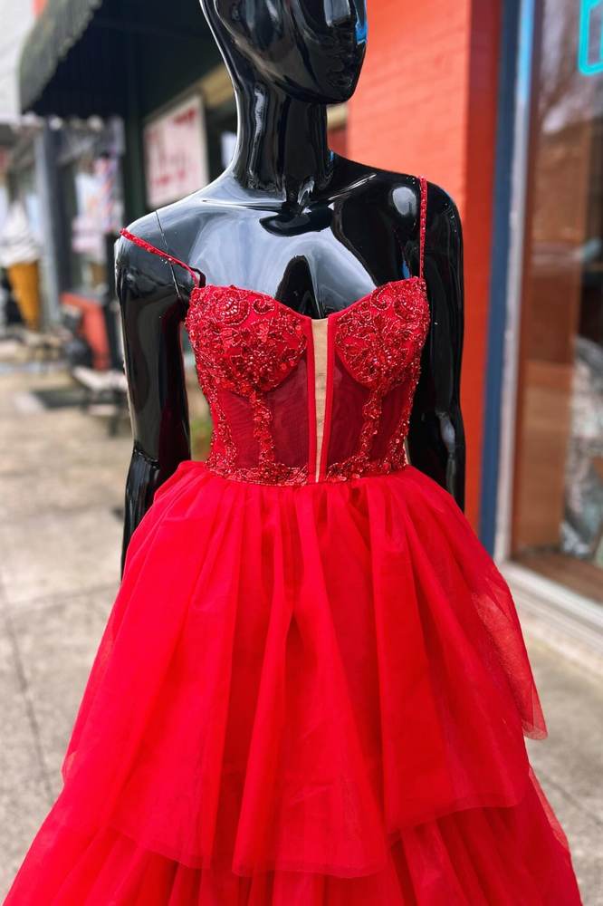 Red Tiered Spaghetti Straps Tulle A-Line Long Prom Dresses