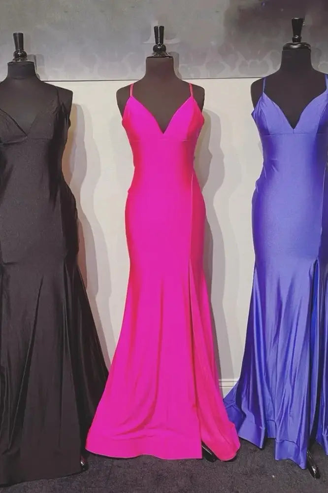 Fuchsia Mermiad V-Neck Long Satin Evening Dresses