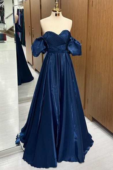 Elegant Sweetheart Off-The-Shoulder Floor-Length A-Line Satin Prom Dresses