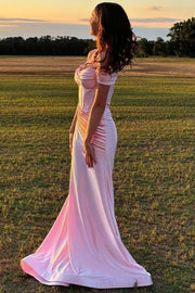 Blushing Pink Off-The-Shoulder Mermaid Satin Prom Dresses with Zipper