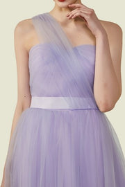 Lavender One-Shoulder Sweetheart A-Line Tulle Bridesmaid Dresses with Sash