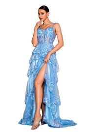 A-Line Tiered Sweetheart Sequin Tulle Evening Dresses with Slit