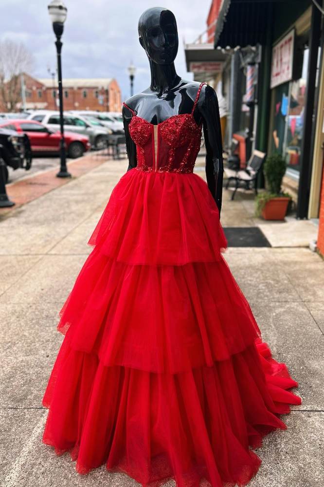 Red Tiered Spaghetti Straps Tulle A-Line Long Prom Dresses