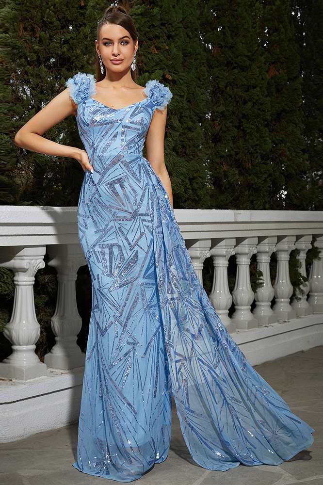 Blue Mermaid Sequin V-Neck Evening Dresses