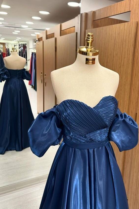 Elegant Sweetheart Off-The-Shoulder Floor-Length A-Line Satin Prom Dresses