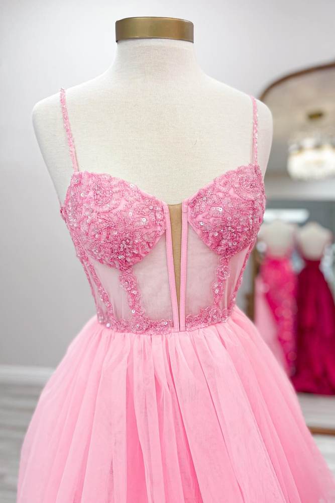 Candy Pink Tiered Spaghetti Straps Tulle A-Line Long Prom Dresses