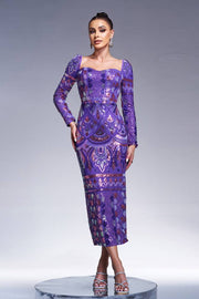 Purple Tea-Length Square Neck Mermaid Sequin Evening Dresses with Long Sleeves 