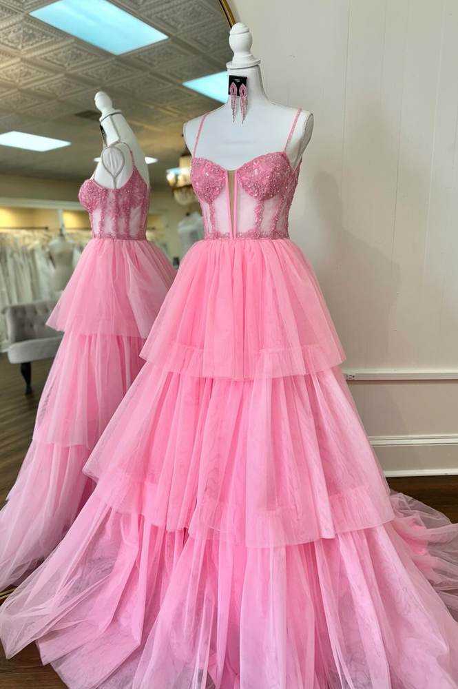 Candy Pink Tiered Spaghetti Straps Tulle A-Line Long Prom Dresses