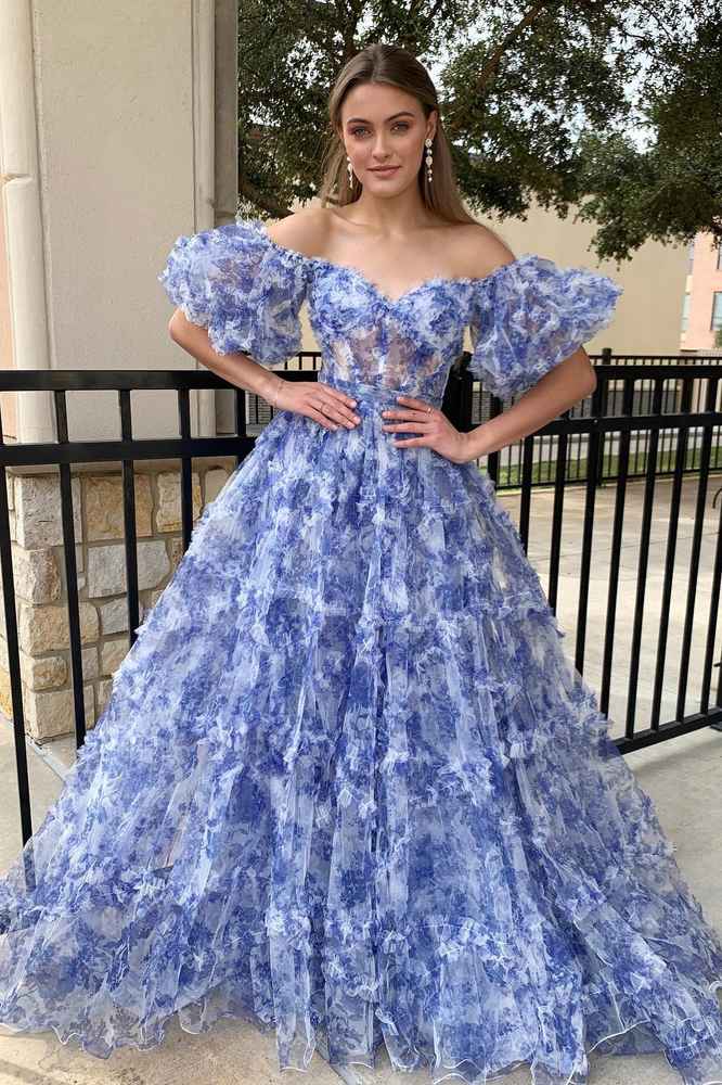 Off-The-Shoulder A-Line Print Floral Prom Dresses