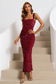 Burgundy Square Neck Ankle-Length Mermaid Sequin Prom Dresses