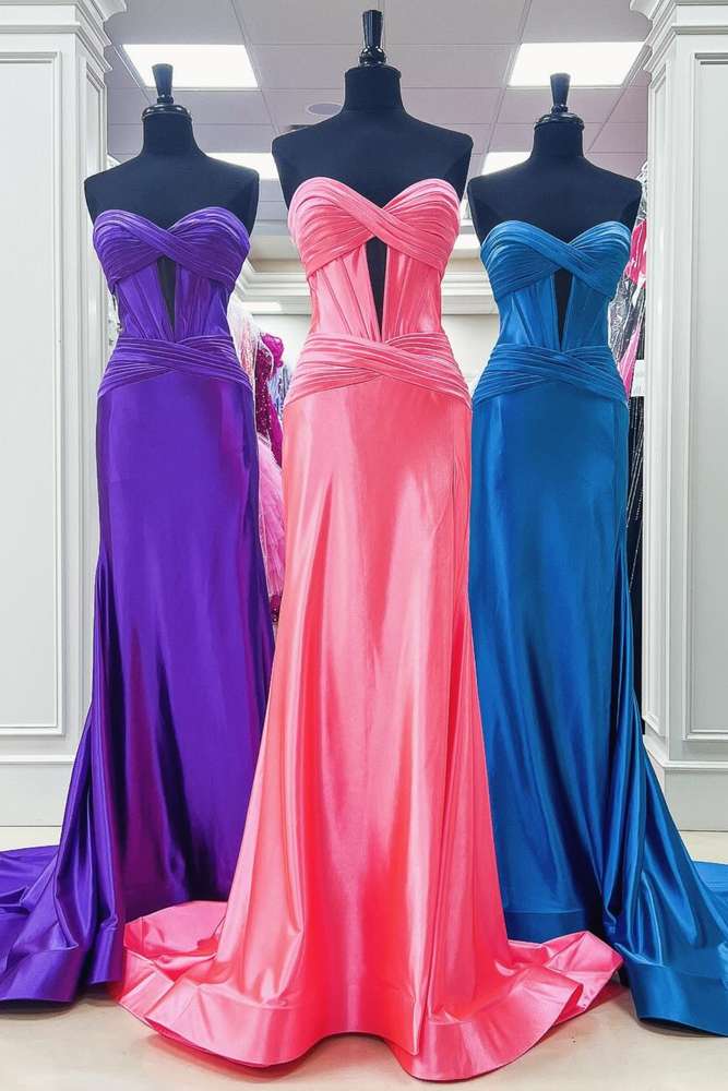 Purple Strapless Mermaid Sweetheart Satin Long Prom Dresses