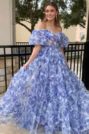 Off-The-Shoulder A-Line Print Floral Prom Dresses