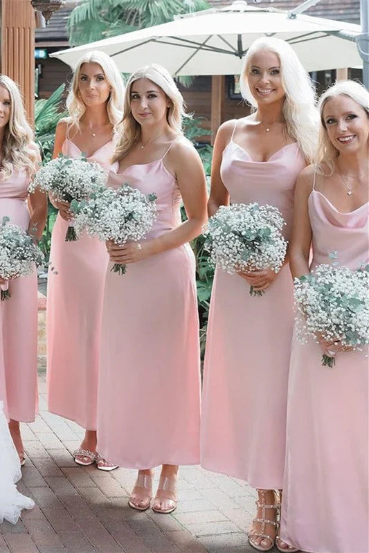 Pink Fabulous Cowl Neck Spaghetti Straps Mermaid Satin Bridesmaid Dresses