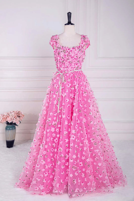 Pink 3D Floral Print  A Line Dress with Tying Waist