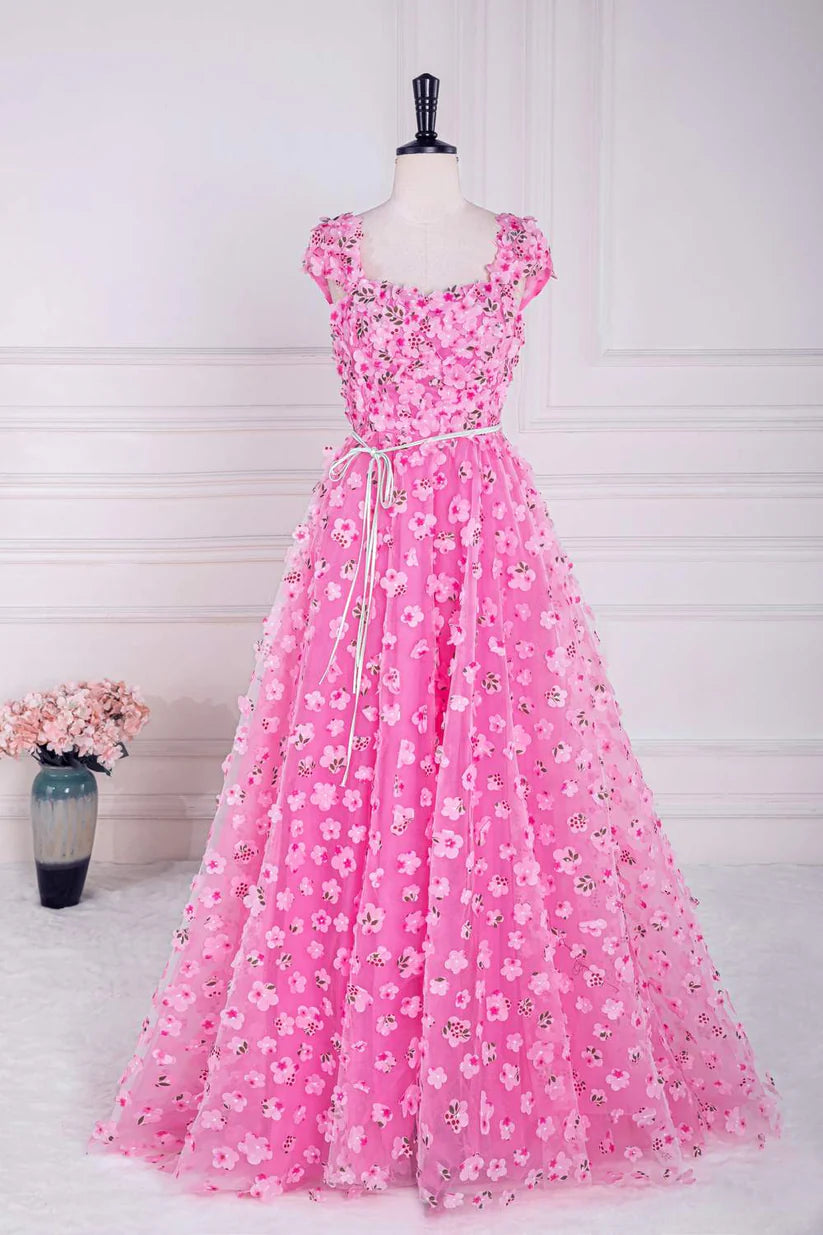 Candy Pink 3D Floral Print  Square Neck A-Line Prom Dresses with Sash