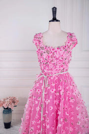 Candy Pink 3D Floral Print  Square Neck A-Line Prom Dresses with Sash