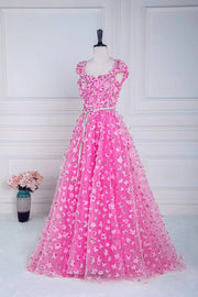 Candy Pink 3D Floral Print  Square Neck A-Line Prom Dresses with Sash