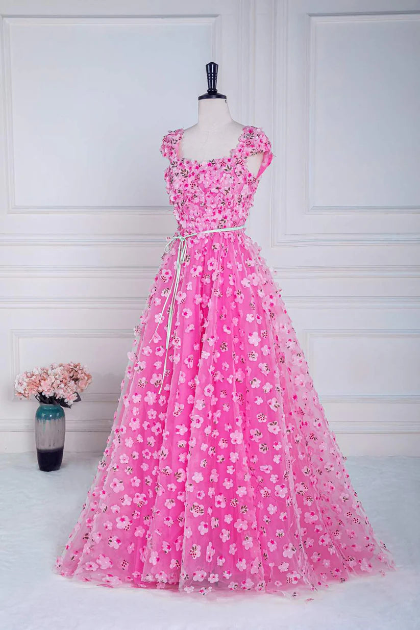 Candy Pink 3D Floral Print  Square Neck A-Line Prom Dresses with Sash