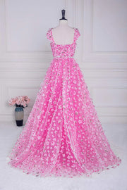 Candy Pink 3D Floral Print  Square Neck A-Line Prom Dresses with Sash