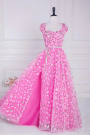 Candy Pink 3D Floral Print  Square Neck A-Line Prom Dresses with Sash