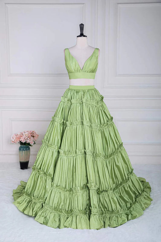Green Two Piece V Neck A-line Long Prom Dress