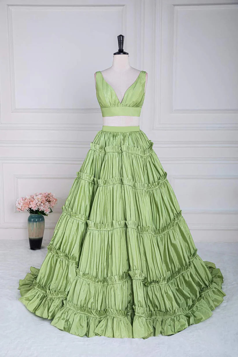 Sage Two-Piece V-Neck Sleeveless Ball Gown Long Prom Dresses