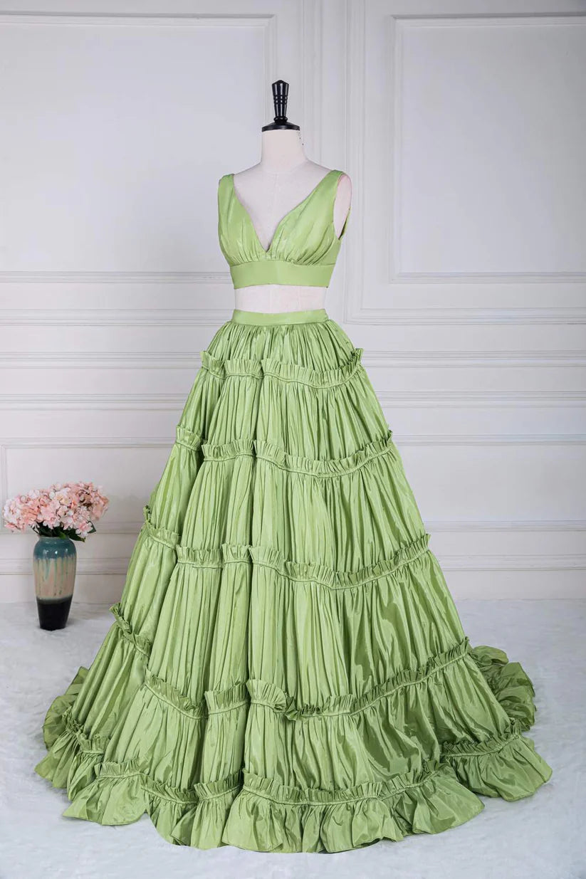 Sage Two-Piece V-Neck Sleeveless Ball Gown Long Prom Dresses